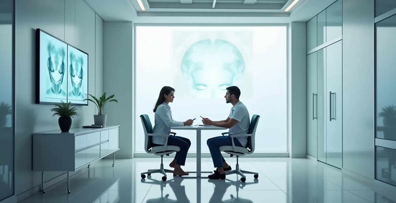 Arzt-Patienten-Beratung mit 3D-Visualisierung der Nasenkorrektur