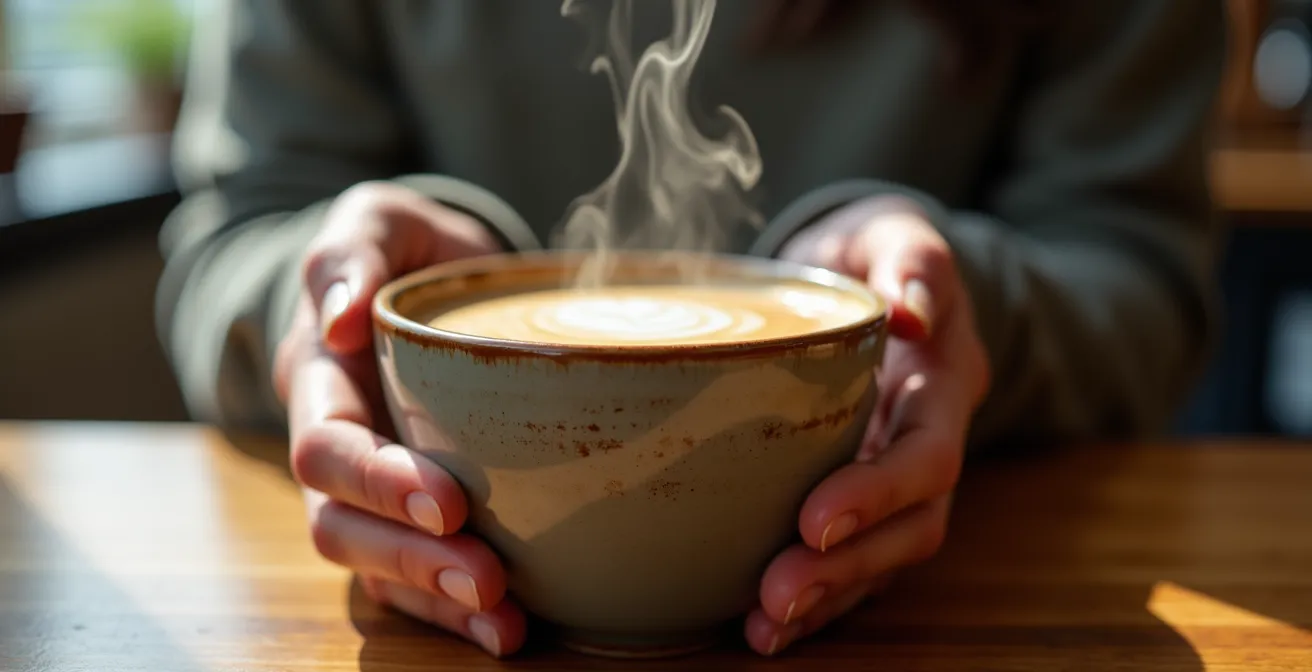 Makroaufnahme von Händen, die achtsam eine warme Tasse halten