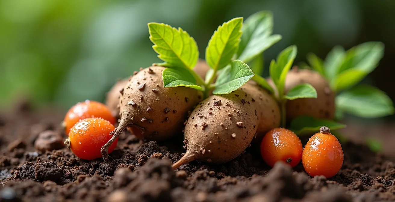 Verschiedene Adaptogene wie Ashwagandha und Rhodiola in natürlicher Umgebung