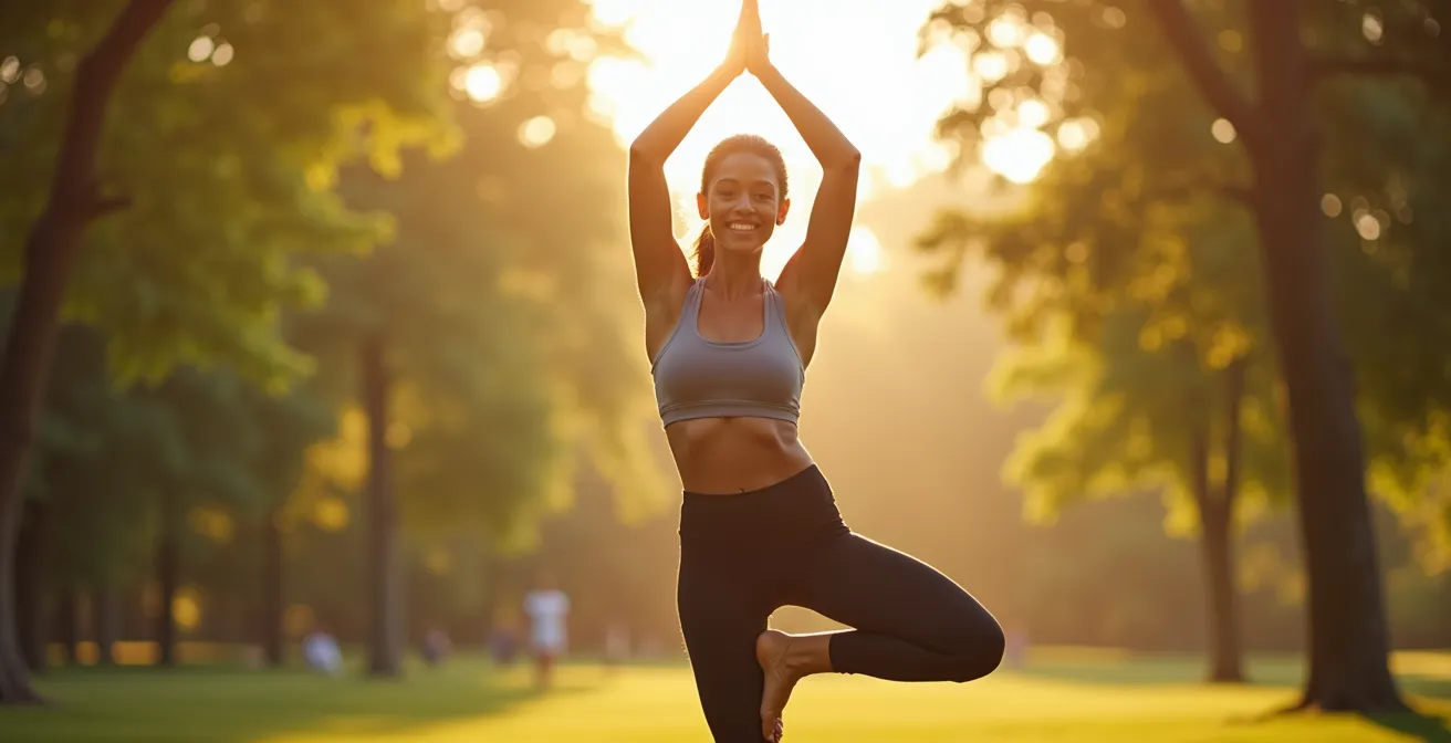 Eine sportliche Frau macht eine befreiende Yoga-Pose in einem Park und symbolisiert die neue Bewegungsfreiheit nach einer Brustverkleinerung.