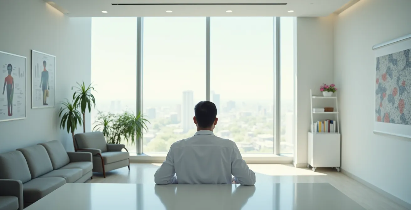 Medizinische Beratungsszene mit Arzt und Patient im Gespräch über Anästhesieoptionen