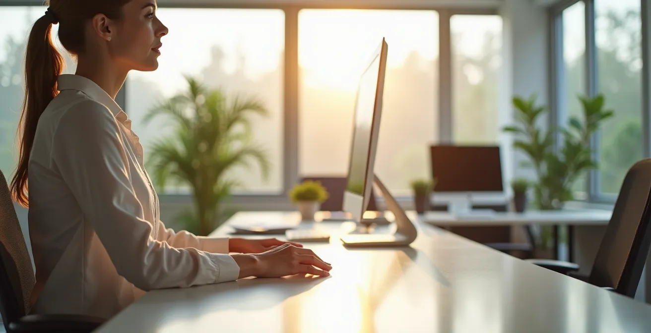 Büroumgebung mit entspannter Person am Schreibtisch