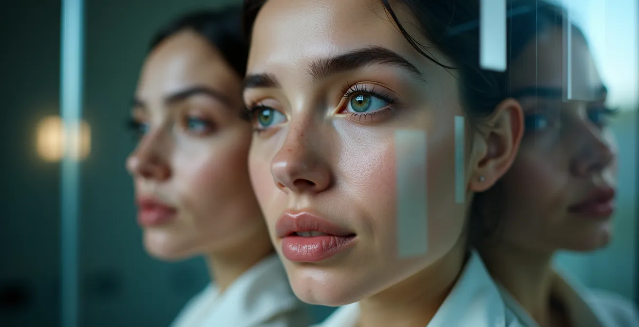 Künstlerische Darstellung der verzerrten Selbstwahrnehmung durch digitale Filter