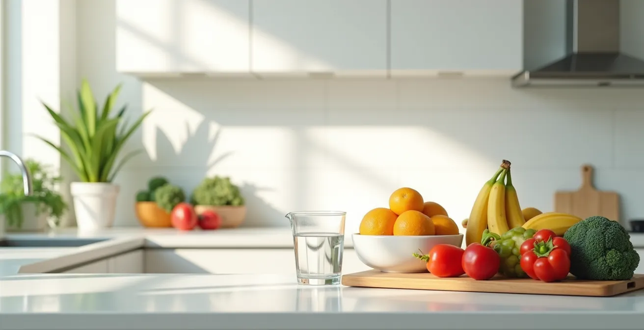 Minimalistische Küche, die durch strategisch platzierte gesunde Lebensmittel wie eine Obstschale und eine Wasserkanne die Entscheidungsarchitektur demonstriert.