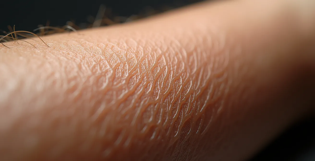 Makroaufnahme der Hautstruktur am Oberarm, die den Elastizitätsverlust zeigt