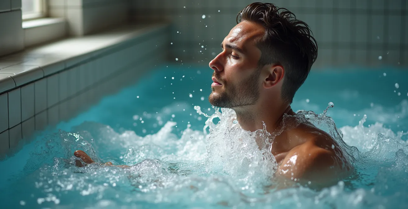 Person unter kaltem Wasserstrahl mit sichtbarer Dampfbildung und energetischer Ausstrahlung