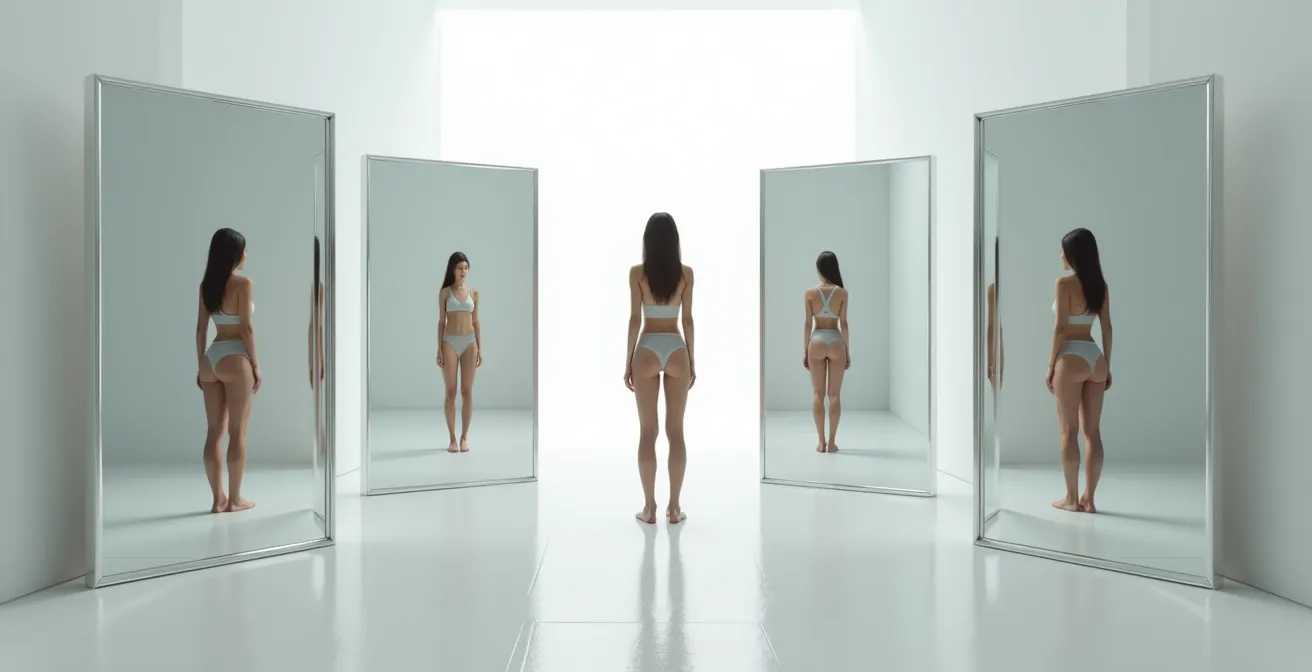 Person betrachtet verschiedene Versionen ihrer selbst im Spiegel, was den Identitätswechsel nach dem Gewichtsverlust symbolisiert.