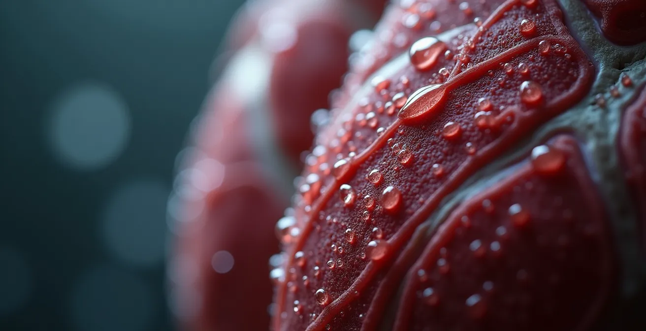 Makroaufnahme von Muskelgewebe mit symbolischer Glukoseaufnahme