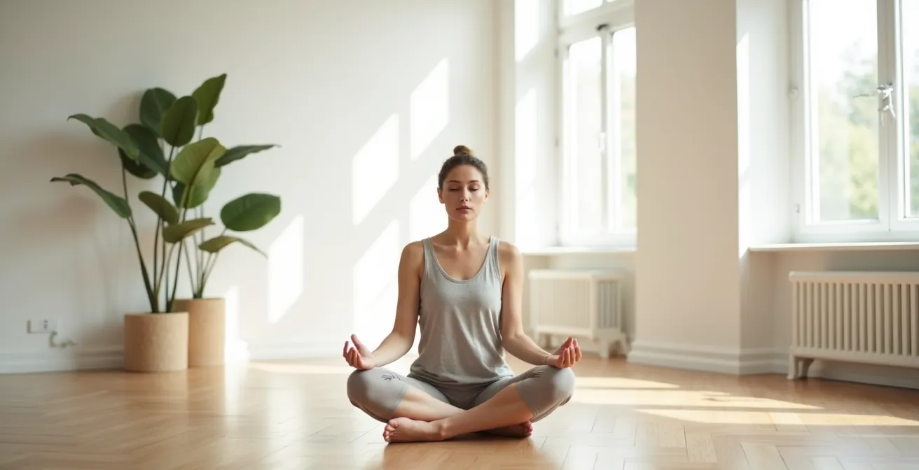 Meditative Szene einer Person in friedlicher Umgebung, Fokus auf innere Ruhe