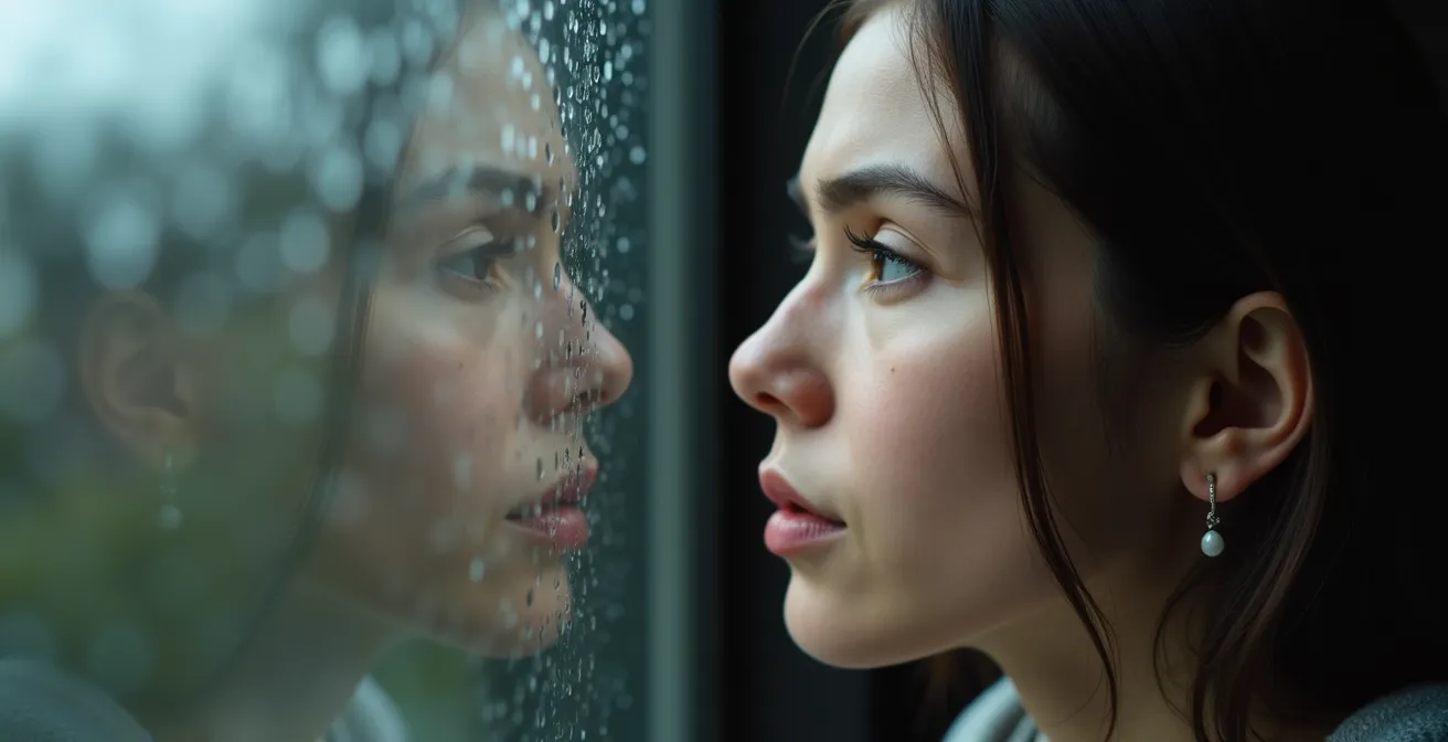 Metaphorische Darstellung der kognitiven Defusion bei Stress, bei der eine Person durch ein verregnetes Fenster blickt und ihre Gedanken wie Regentropfen beobachtet.