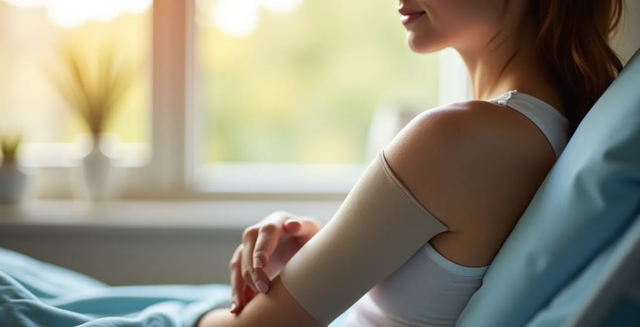 Detailaufnahme von Kompressionskleidung am Oberarm einer Person während der Nachsorge