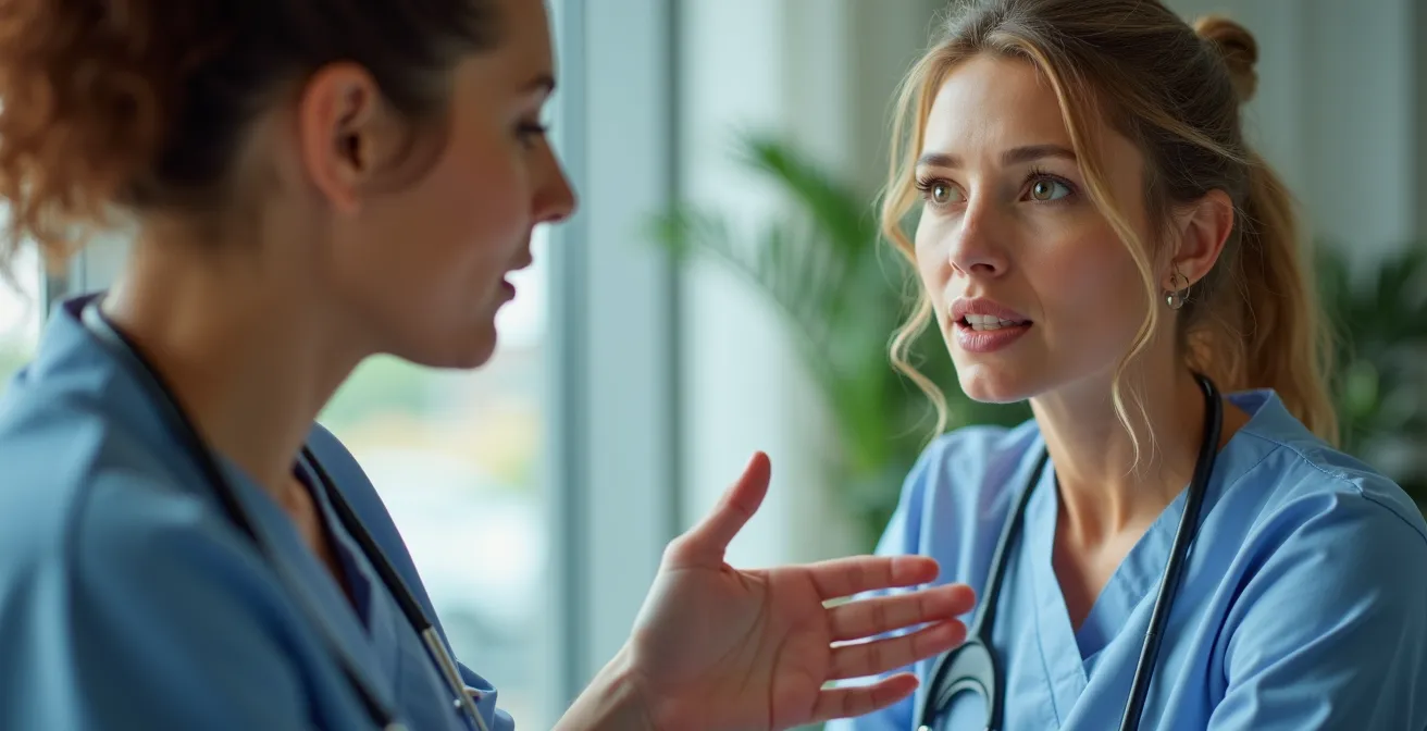 Ärztin erklärt Patientin die Langzeitergebnisse einer Bruststraffung