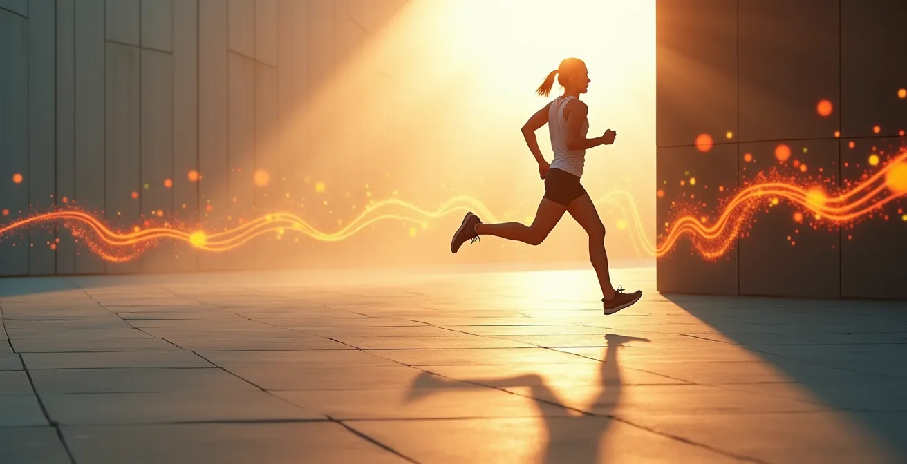 Läufer in Bewegung mit abstrakten Schallwellen und Bewegungsenergie