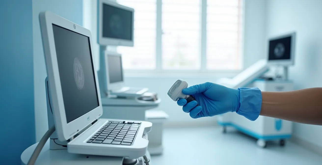 Ultraschalluntersuchung der Brust mit Implantaten in medizinischer Umgebung