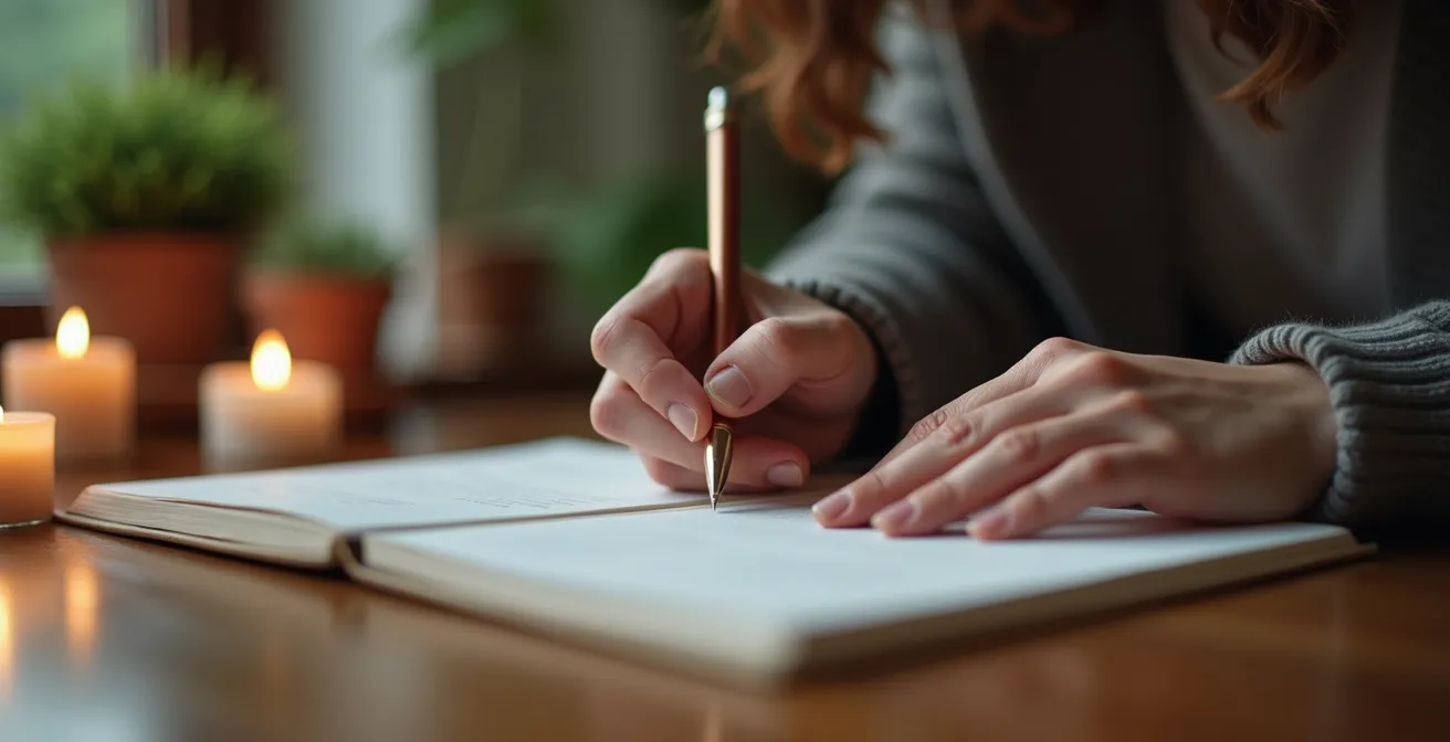 Person schreibt achtsam in ein Tagebuch bei sanftem Licht