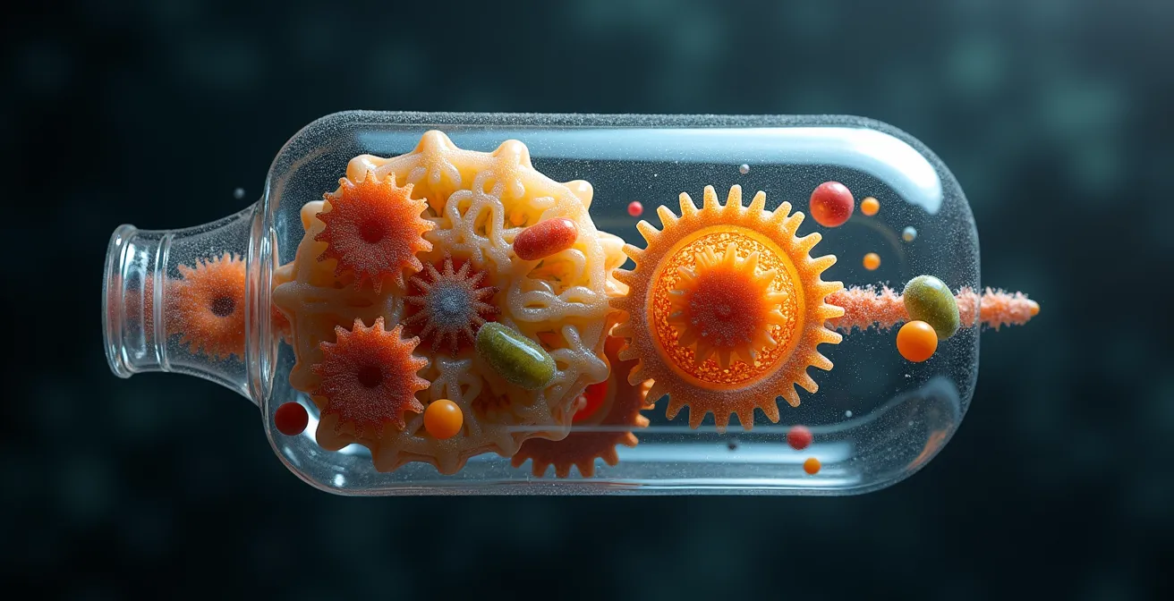 Symbolische Darstellung von Nährstoffen als Zahnräder in einem biologischen Motor