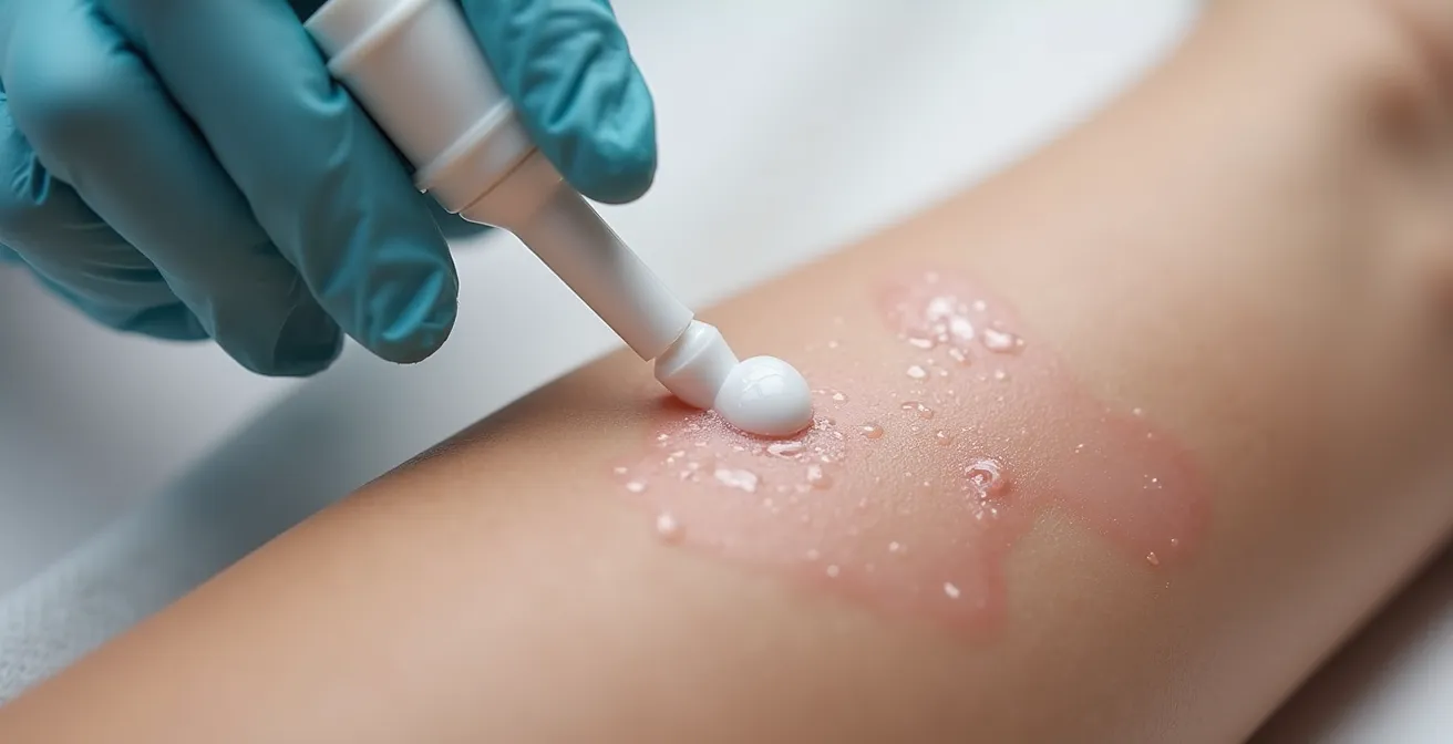 Detailaufnahme der professionellen Narbenpflege mit Silikongel auf einer heilenden Hautpartie nach einer Straffungsoperation.