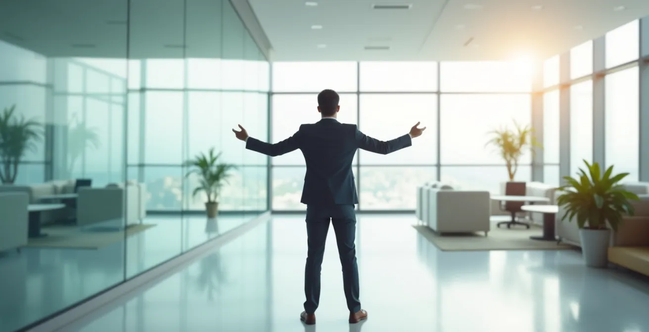 Person demonstriert selbstbewusste Power-Pose im Büroumfeld