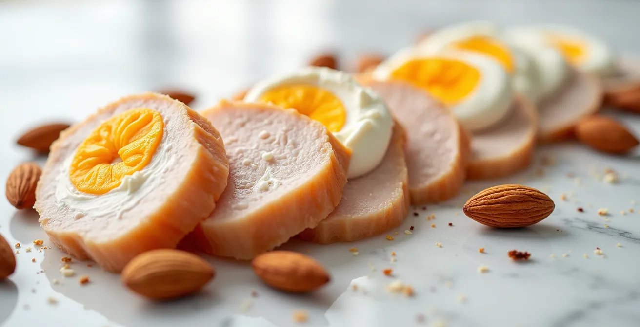 Makroaufnahme verschiedener proteinreicher Lebensmittel für den Muskelaufbau