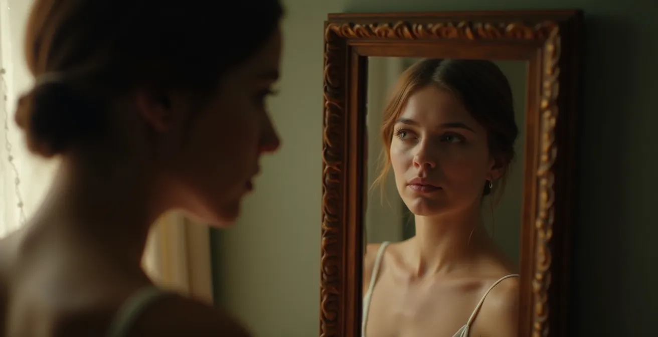 Person betrachtet sich nachdenklich im Spiegel, verschwommene Reflexion