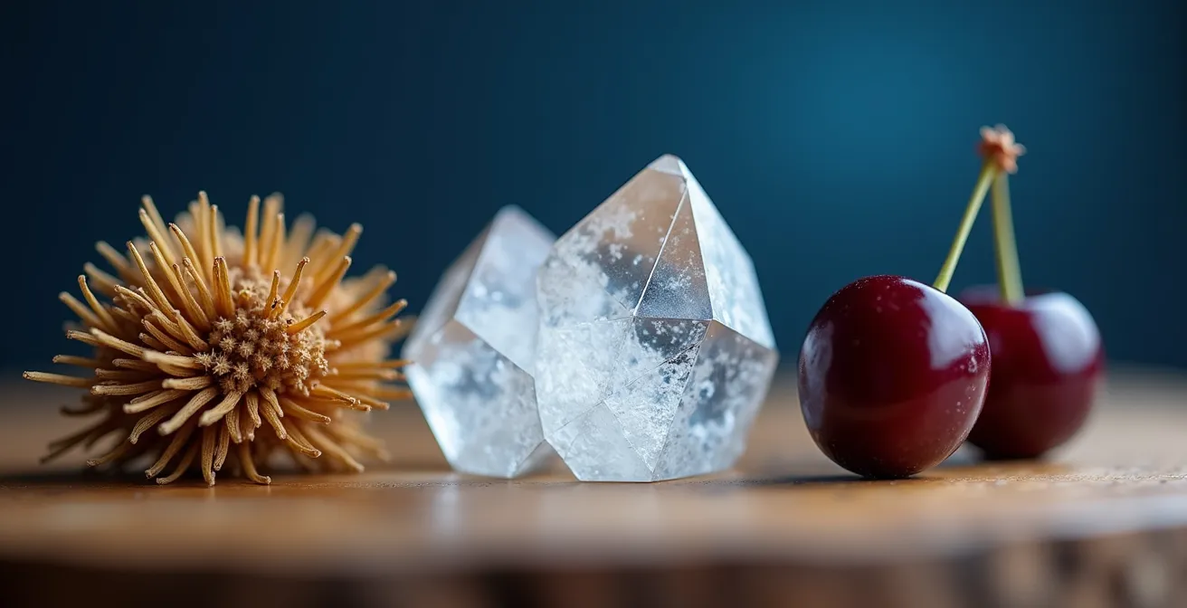 Makroaufnahme von natürlichen Schlafmitteln: Baldrianwurzel, Magnesiumkristalle und Melatonin-Quellen