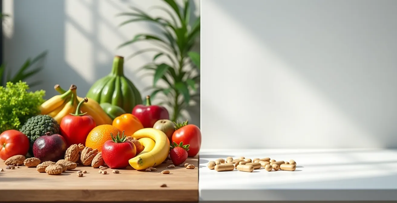 Visueller Vergleich zwischen frischen Lebensmitteln und Supplementen in minimalistischer Umgebung