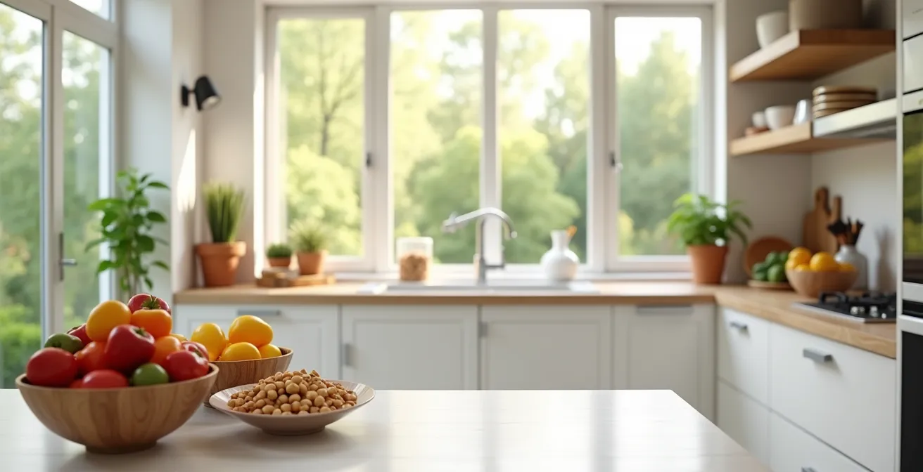 Eine helle, organisierte Küche, in der gesunde Lebensmittel wie Obst und Gemüse strategisch und sichtbar platziert sind, um gesunde Gewohnheiten zu fördern.