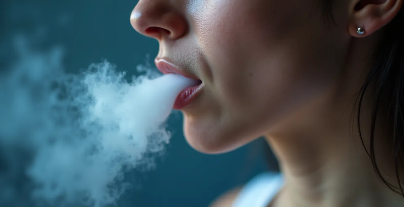 Nahaufnahme einer Person die Atemübungen mit sichtbarem Luftstrom praktiziert