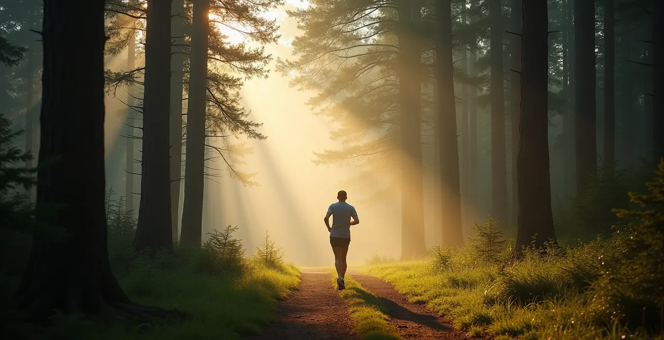 Weitwinkelaufnahme eines Läufers auf einem Waldweg umgeben von grünen Bäumen