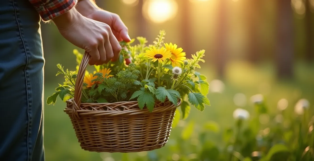 Person beim achtsamen Sammeln von Wildkräutern in der Natur