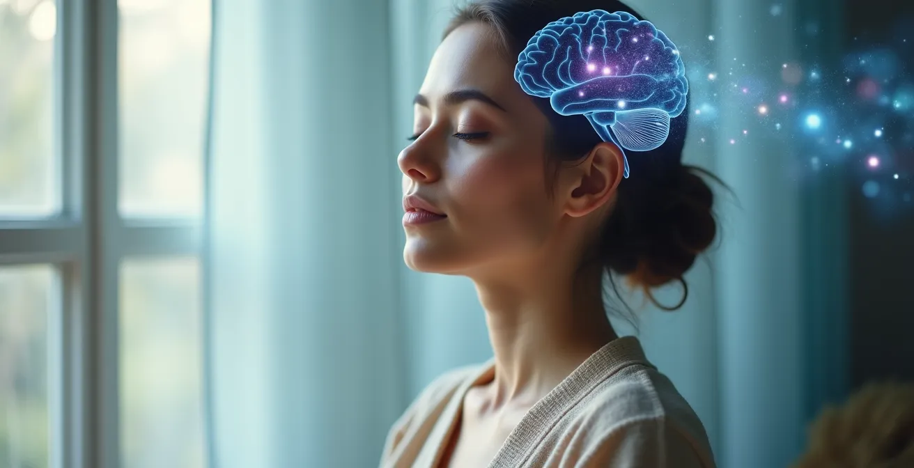 Person in meditativer Yogaposition mit visualisierter beruhigter Gehirnaktivität